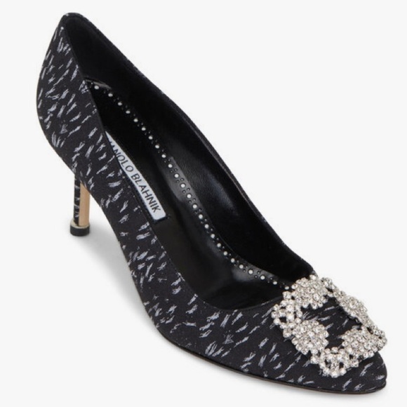 Manolo Blahnik Shoes - NWOT Manolo Blahnik  Hangisi Black Jacquard Jewel Buckle Pump, 70mm (2.75" heel)